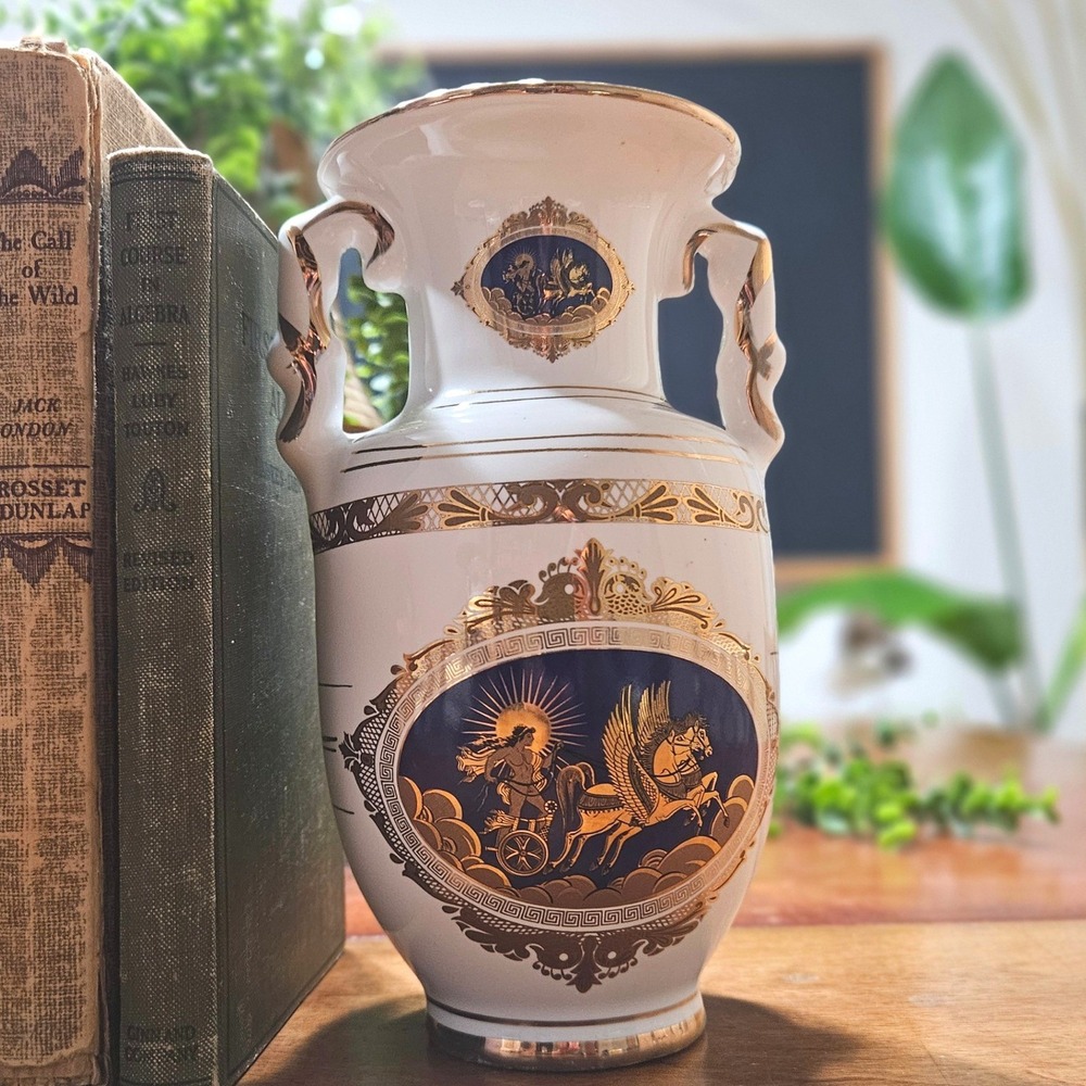 Vintage Greek 24K Gold Pegasus Chariot Vase Cobalt White Greek Mythology